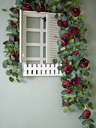 MISSPIN Artificial Eucalyptus Garland with Flower Vintage Faux Peony Rose Vine Greenery Decorative Table Centerpieces for Spring Wedding Arch Door Arrangement Party Decor - color: Red-23