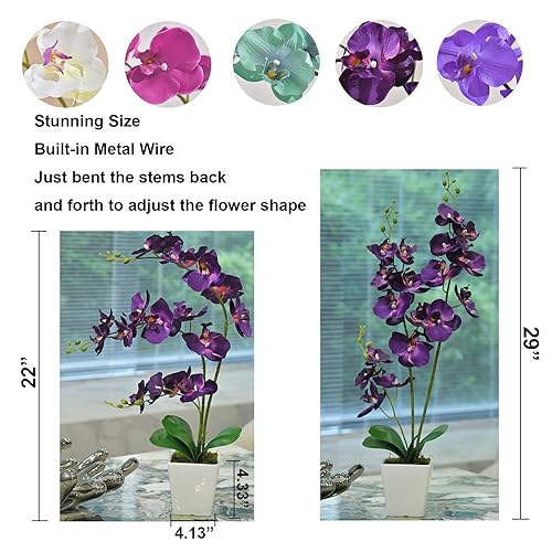 Faux Orchid in Vase Artificial Orchid in Ceramic Vase Tall Silk Orchids with Stems Real Look Phalaenopsis Flowers Arrangement Centerpiece Table Decorations for Home Decor Indoor, Dark Purple - color: Y-dark Purple