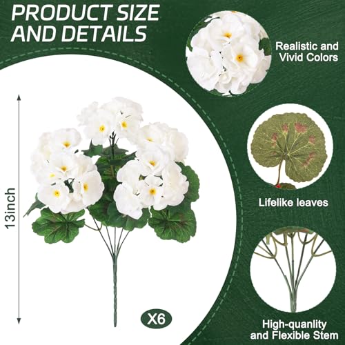 Ammyoo Artificial Geranium Flowers for Outdoors Decoration, 6 Pcs Fake Silk Geraniums Flower UV Resistant Look Real Faux Plants for Spring Garden Porch Planter Yard Table Centerpieces Decor - color: White