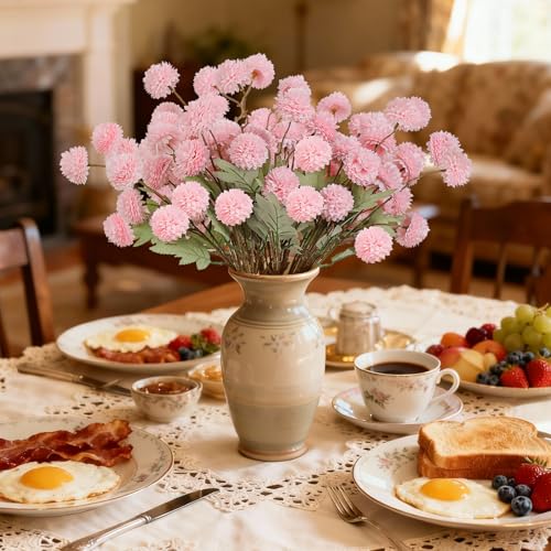 INQCMY Artificial Flowers 12 Pcs Fake Chrysanthemums Faux Kiku Flower Long Stem 20" Realistic Silk Pompon Mums for Vase Wedding Bouquets Centerpieces Home Decor (Pink) - color: Pink