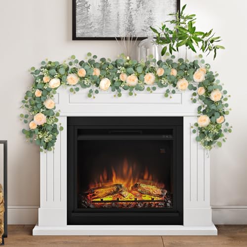 Artificial Flower Garlands Eucalyptus Garlands with Flowers Rose Peony Flower Vine Faux Floral Garland for Wedding Party Arch Table Wall Backdrop Decoration (Champagne, 2PCS) - color: Champagne, size: 2PCS