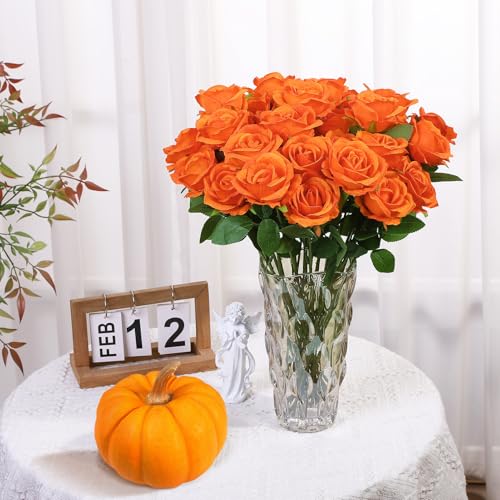 36 Pcs Orange Artificial Roses with Long Stems, Fake Silk Rose Artificial Flowers Bulk for Bridal Wedding Bouquet Centerpiece Ball Arrangement Party Decor - color: Orange