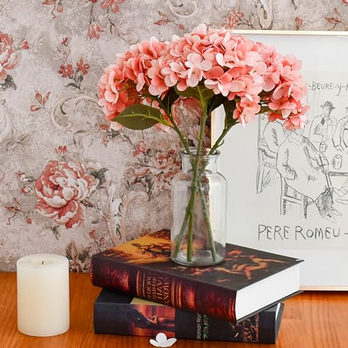 Mandy's 3 Stems Coral Artificial Hydrangea Flowers | 13.7 Inch Realistic Silk Bouquet for Centerpieces Easter , Wedding & Home Decor - color: Coral