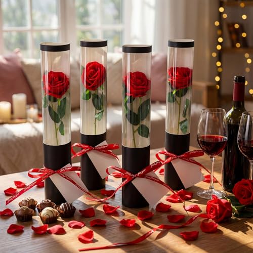 Norme 20 Sets Mother Day Artificial Rose Flowers with Single Cone Boxes, Realistic Touch Velvet Fake Rose Wrapping Bag Bouquet Packaging Sleeves for Teacher Gifts DIY Gift Supplies