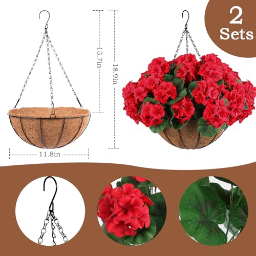Hananona 2 Set Artificial Red Geraniums Flowers for Outdoors with Hanging Baskets, 2 Hanging Planters with 12 Pcs Red Geranium Flowers for Christmas Front Porch Garden Patio Home Decor (2, Red) - color: Red