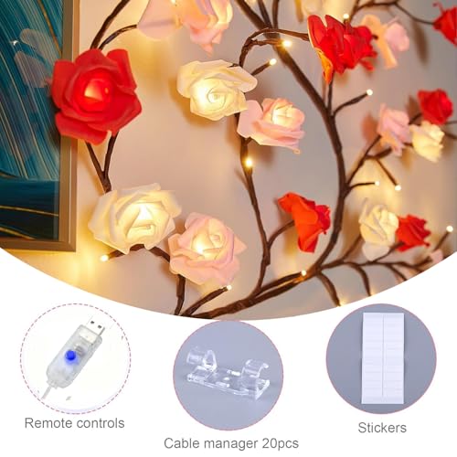 Rose LED Tree Branch Lights for Wall,Rose Blossom Vine Lights with 96 LED Flower String Lights and USB Powered, 8 Lighting Modes for Indoor Bedroom Window Wedding Valentine's Day Decor (75in) - size: 75in, style: Rose