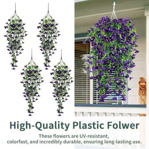 4 Pack Artificial Faux Hanging Flowers Plant for Outdoor, Fake Silk Morning Glory with Eucalyptus UV Resistant Realistic Trailing Vine for Wall Home Porch Patio Balcony Yard Indoor Decor, Purple - color: Purple