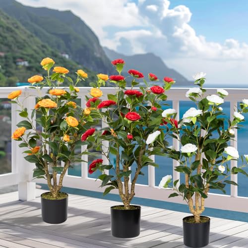 Romantic Season 2Pack Artificial Camellia Tree 3FT, White Faux Camellia Plant Fake Potted Camellia Flower Tree Plastic Camellia Tree for Modern Home Office Living Room Floor Décor Indoor - color: White, size: 3FT