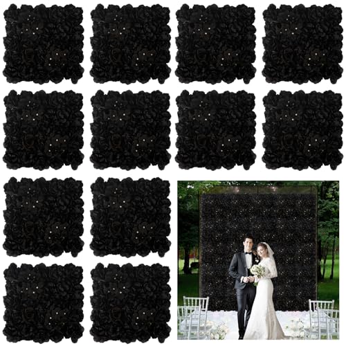 3D Flower Wall Backdrop - 12Pcs 15×15 Inch Artificial Rose Panels Black Silk Floral Decor for Home Party Wedding Anniversary Birthday Photographic Studio Background & Decorative Fences - color: Black, size: 12PCS-15x15