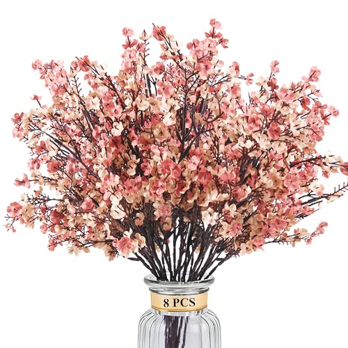 8Pcs Beige Brown Baby's Breath Artificial Flowers,Fabric Cloth Faux Babys Breath European Style Modern Silk Plants Real Touch Fake Flowers for Fall Decor,Wedding,Table Centerpieces,Boho Home Decor