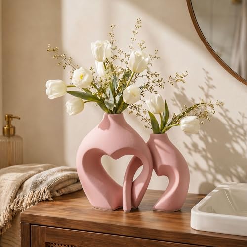 Pink Ceramic Flower Vases Home Decor Heart Shaped Vase Set of 2 Nordic Heart Shaped Vases, Minimalist Decorative Vase for Table Centerpiece Wedding Dining Living Room Office House Decoration - color: Pink