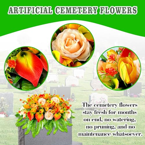 FLOWERIA Artificial Cemetery Flowers - Outdoor Grave Saddle for Headstone Decorations with Orange Roses Tulips - color: Orange, size: Saddle
