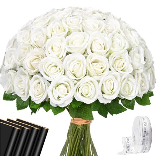 Waipfaru 50 Pcs White Roses Artificial Flowers Bulk, Real Touch Velvet Roses with Wrapping Paper, Fake Flowers for Wedding Centerpieces Bridal Bouquet Valentines Mothers Day Decor - color: White, size: 50 Pcs