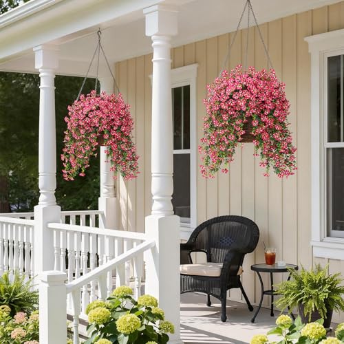 4 Bundles Artificial Hanging Morning Glory Flowers for Outdoor, Realistic Hanging Flowers Silk Fake Morning Glory with Faux Eucalyptus for Yard Garden Porch Patio Balcony Home Decor (Rose Red) - color: Rose Red