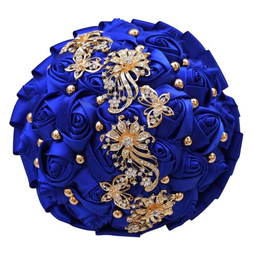 WIFELAI-A Golden Rhinestone Brooch Wedding Flowers Bridal Bouquets Crystal Bride Holding Bouquet White Ivory Satin Roses with Diamond - color: Royal Blue