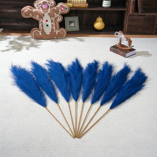 Premium Faux Dark Blue Pampas Grass – 43.3" Tall Fluffy Decor, 8pcs 18-Branch One-Piece Stems No Assembly, Luxury Silk-Feel Feather Flowers for Nautical Coastal Modern Home Decor Blue, 8 Stems/110cm - color: Faux Dark Blue, size: 8pcs 43.3"(110cm)