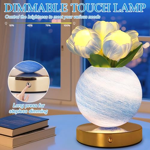 Tulip Table Lamp, Rechargeable Cordless Touch Dimming Artificial Tulip Flower Desk Lamp, LED Flower Bedside Night Light Romantic Gifts for Girl Women Mom (Blue Tulip) - color: Blue Tulip