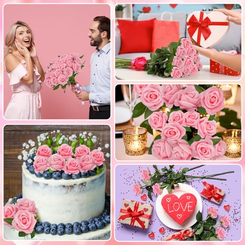 90 Pcs Pink Velvet Rose Artificial Flowers with Long Stems, Fake Silk Roses Real Touch Fake Roses Florals for Birthday Wedding Bouquet Party Arrangement Decorations - color: Pink
