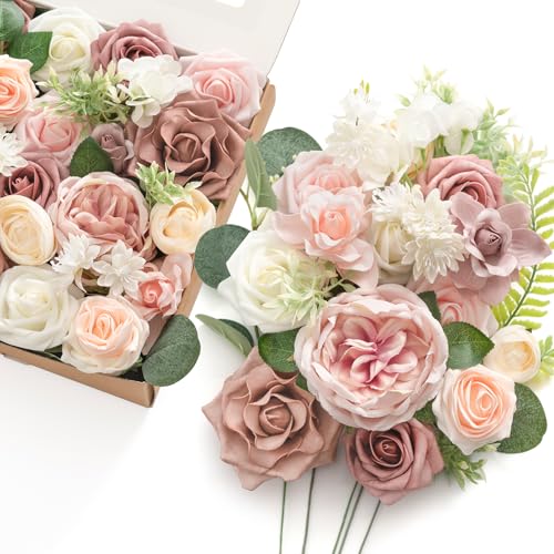 Ling's moment Fake Flowers Box, Faux Artificial Greenery Stems Foam Roses Gardenia Silk Hydrangea Ranunculus Fabic Flower for Centerpieces Bouquet Wedding Vase, Dusty Rose & Blush, Grand Combo - color: Pk-dusty Rose & Blush, size: Grand