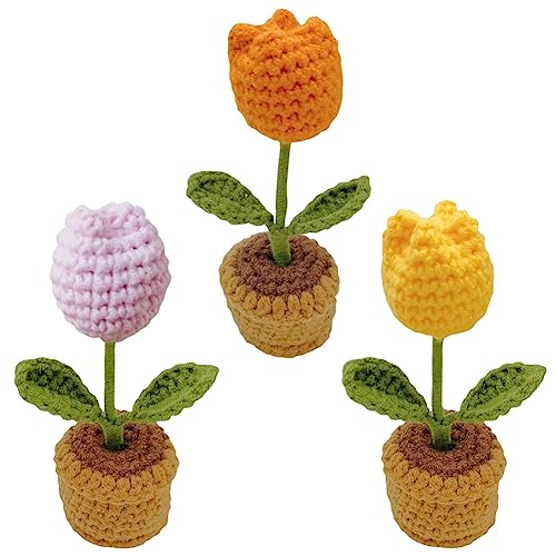 JOONOR 3PCS Mini Crochet Tulip Potted Plant,Knitted Fake Flower for Bathroom Home Kitchen Rustic Table Centerpiece Shelf Decor - color: Color#9