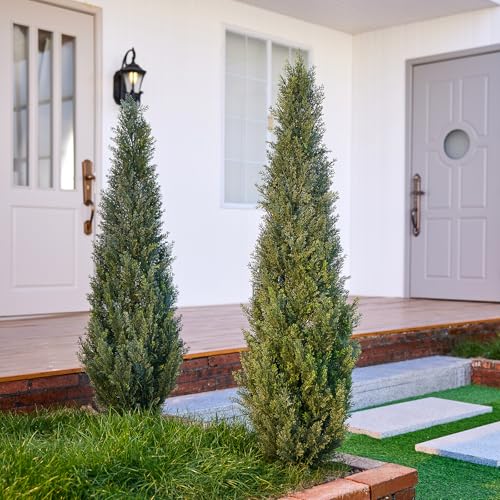 VeriNatural 60'' Artificial Cedar Topiary Trees with Ground Spike, Set of 2 - Realistic Faux Cypress Plants, UV Resistant Fake Pine Shrubs for Indoor Outdoor Porch Garden Decor - size: 60in