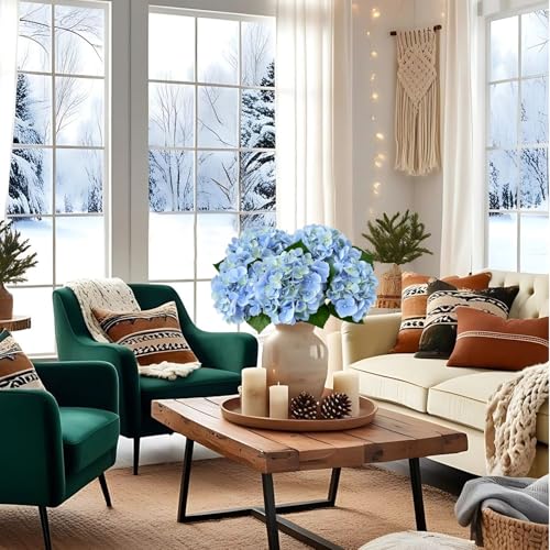 ZYTUYO 5PCS Blue Hydrangea Artificial Flowers Small Fake Latex Real Touch Hydrangeas Flowers with Stems Faux Silk Bouquet for Home Decor Table Wedding Party Outdoor Centerpieces - color: Light Blue