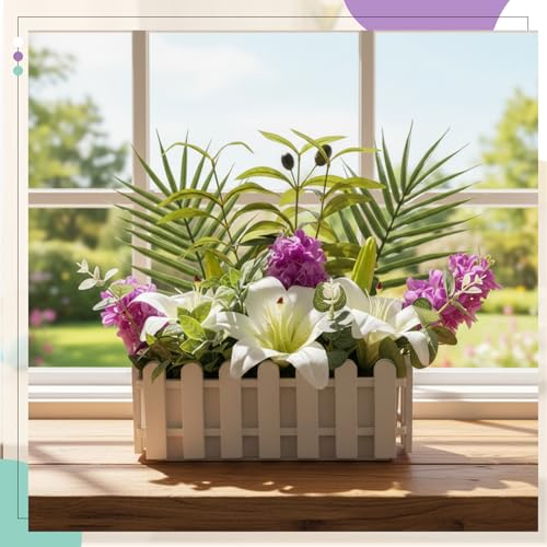 Floral Centerpieces for Tables Spring Flower Table Centerpieces for Dining Room in Picket Fence Pot Artificial Lily and Hyacinth Arrangement with Palm Leaves Eucalyptus for Home Wedding Kitchen Table