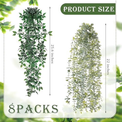 Daifunli 8 Pcs Artificial Hanging Plants Fake Hanging Ferns Plastic Faux Plants for Wall Room Garden Garland Indoor Outdoor Decor No Basket (Eucalyptus,Mandala Vine) - style: Eucalyptus, Mandala Vine