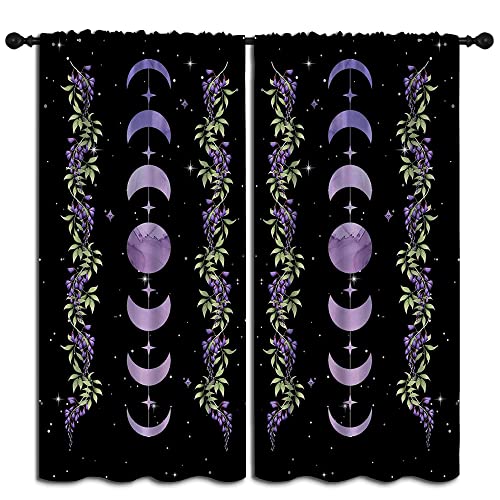 Purple Boho Floral Flower Rod Pocket Blackout Curtains for Boy Girl Bedroom,Moon Phase Moonlit Garden Witchy Gothic Aesthetic Thermal Insulated Home Window Drapes for Living Room Darkening,42x45 inch - color: Purple Boho Floral Flower-007, size: 42"W x 45