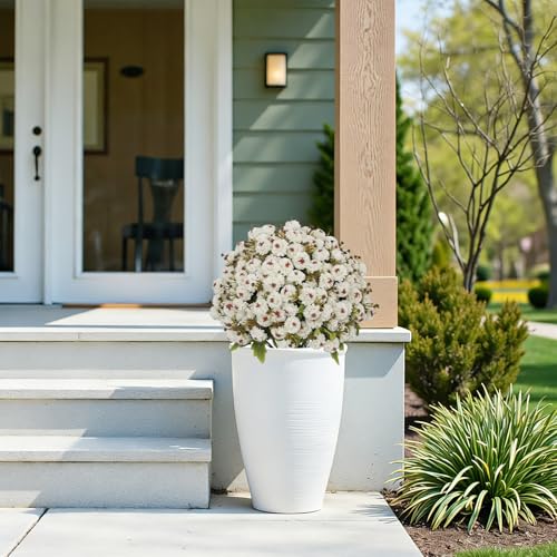 24” Artificial Flowers for Outdoors, Set of 2- UV Resistant Look Real Faux White Mums with Cement Pots, Realistic Fake Plastic Plants for Front Porch Planter Entryway Indoor Decor - color: Chrysanthemum Cream White
