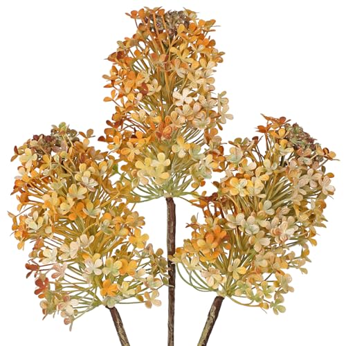 3 Pcs Hydrangea Artificial Flowers Bouquets for Fall Home Decor, 16" Faux Hydrangea Stems with Flower Seeds for Autumn Floral Arrangements Centerpiece & Wedding, Silk Fake Cone Blooms in Orange Yellow - color: Orange Yellow
