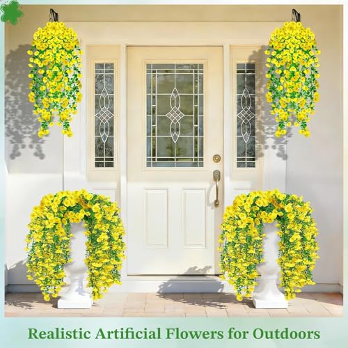 Artificial Hanging Flowers for Outdoors, 4Pcs UV Resistant Artificial Hanging Morning Glory Flowers, Spring Realistic Faux Outdoor Flower for Porch Patio Yard Garden Farmhouse Decor (Yellow) - color: Yellow