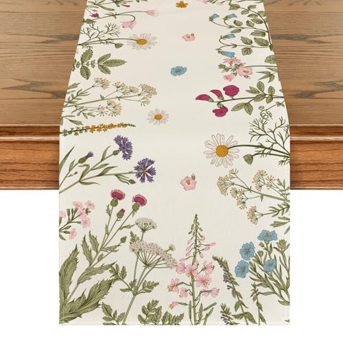 Artoid Mode Floral Wildflowers Herb Spring Table Runner, Seasonal Kitchen Dining Table Decoration for Home Party Decor 13x108 Inch - size: 13" x 108", Table Runner