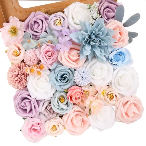 Artificial Flowers Combo Box Dusty Blue Pink Artificial Flowers for DIY Tables Centerpieces Baby Shower Bridal Shower Wedding Bouquet Party Decor - color: Pastel Pink Blue