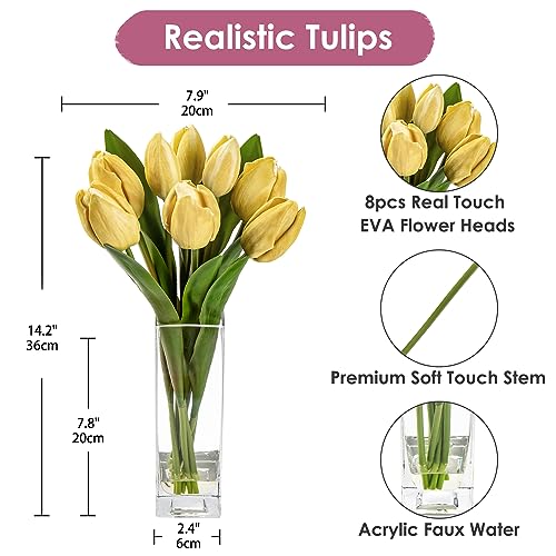 Briful Fake Flowers Artificial Tulip Flower Khaki in Clear Vase, Real Touch EVA Tulip Arrangement Suitable for Home Office Fall Decoration, Dining Table Centerpiece - color: Khaki