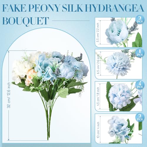 Tigeen Artificial Flowers Artificial Peonies Silk Flowers Faux Peony Fake Peony Silk Hydrangea Bouquet for Wedding Table Centerpiece Floral Vase Decor(White,Blue,12 Bundles) - color: White,blue