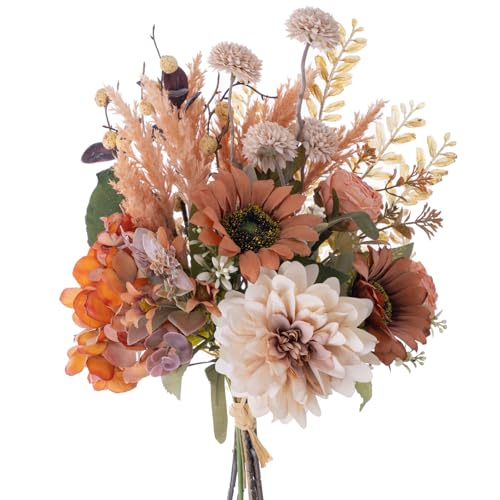 17-inch Artificial Fake Faux Flowers Silk Flower Arrangements Bouquets with Dandelions, Dahlias, Hydrangeas, Sunflowers, Roses, Astilbes and Shooting Star Branches(Autumn Haze) - color: Autumn Haze
