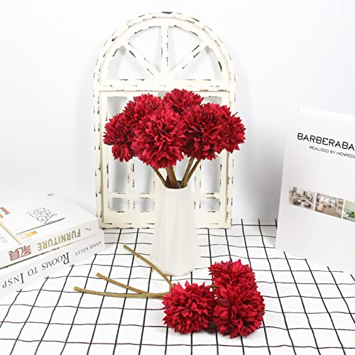 Tinsow 12Pcs Artificial Chrysanthemum Faux Red Ball Flowers Burgundy Fall Flowers for Christmas Autumn Farmhouse Home Decoration (12, Red) - color: Red