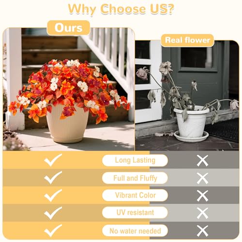 INXUGAO Fake Fall Flowers Artificial for Decoration 2PCS Faux Silk Fall Flowers Plants for Outdoors Outside Planters UV Resistant Looks Real for Front Door Porch Patio Garden Decor - color: Y2-orange Red White