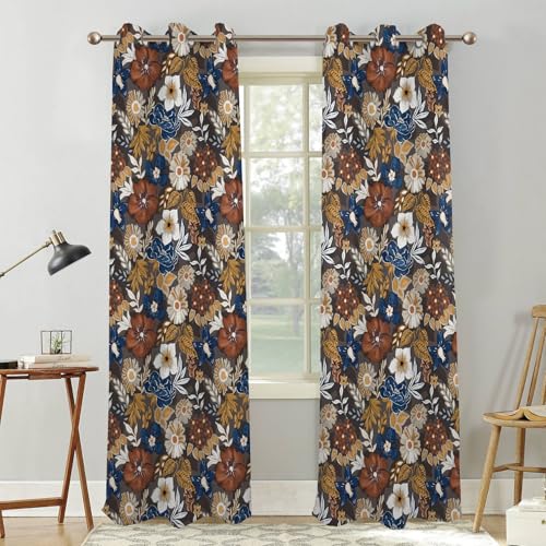 Renaiss Bohemian Floral Blackout Curtains, Blue Brown White Flower Thermal Insulated Bedroom Window Curtains, Boho Style Patterned Window Curtains for Kitchen, 45" L x 29" W 2 Panel Set - color: Brown, size: 29"W x 45"L (Pack of 2)