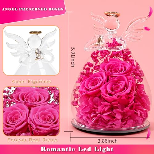 Beferr Gifts for Mom Birthday Gifts for Women, Fresh Flowers for Delivery Forever Preserved Rose in Glass Angel Figurine, Anniversary Christian Real Rose for Grandma Wife Mother from Daughter Son - color: I Rose Red