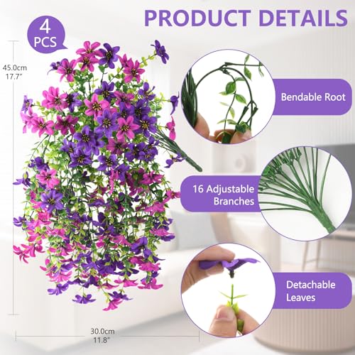 Artificial Hanging Baskets Outdoor, 4 Bundles Artificial Hanging Flowers Outdoors Spring Summer Decoration, No Fade Realistic Fake Hanging Baskets for Porch Patio Balcony Home Yard Decor - color: Double Purple