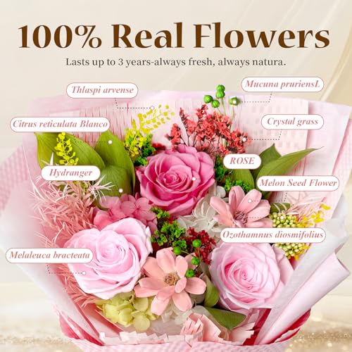 Preserved Roses Bouquet with Vase - Pink Real Eternal Roses that Last 1-3 Years - Forever Flowers Valentines Day Gifts for Her, Home Decor Centerpiece - color: Pink