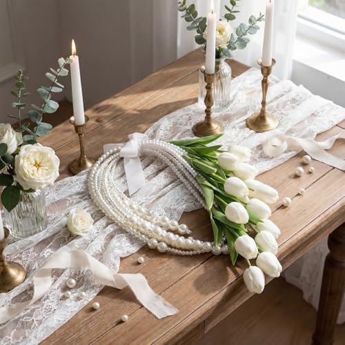 Suncalla 20 Pcs White Tulip Artificial Flowers DIY Wedding Bouquet for Bride Wedding Table Centerpieces Decorations Graduation Flower with Ribbon and Pearl for Floral Arrangement DIY Craft Bridal - color: White, style: Tulip