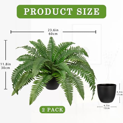 Hollyone 2Pcs Artificial Ferns in Pot for Outdoors Indoor 20inch Fake Ferns 35 Leaves Faux Boston Ferns Potted Plant Fern Bush Plant for Patio Garden Farmhouse Windowsill Office Living Room Home Decor - size: Large - 2Pcs