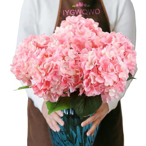 6PCS Large Silk Hydrangea Flowers, 20 in Full Faux Huge Hydrangea Artificial Flowers with Stems Leaves for Fake Bouquets Home Wedding Party Centerpieces Arrangements Housewarming (Pink) - color: Pink