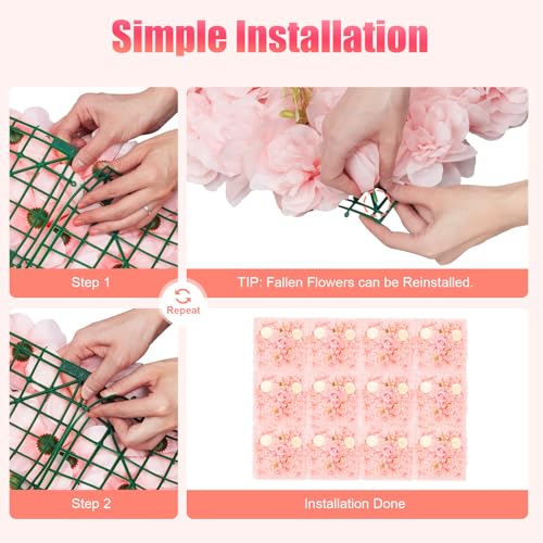 12Pcs Artificial Flower Wall Panel 15" X 15" Flower Wall Decor Backdrop Panels Floral Backdrop Wall Faux Flower Panel for Home Party Wedding Photo Backgdrop Decor (Pink, Champagne) - color: Pink, Champagne
