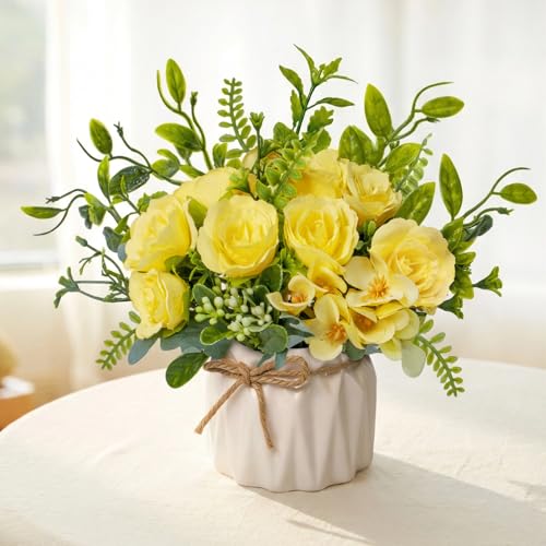 Yellow Artificial Silk Roses with Ceramic Vase, No Maintenance Faux Flower Arrangement, 6.3 Inch Realistic Table Decor for Home Office Wedding - color: Yellow