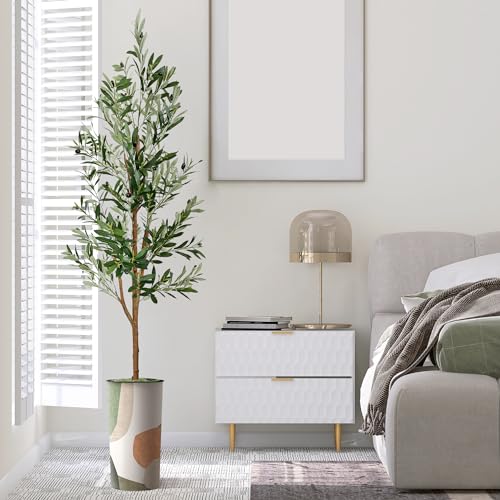 Artificial Tree in Multicolor Textured Geometric Shapes Illustrations Planter, Fake Olive Silk Tree for Indoor and Outdoor Home Decoration - 68" Overall Tall (Plant Pot Plus Tree) - style: Olive Tree