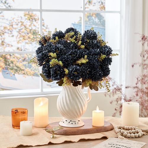 18 Heads Blue Black Artificial Chrysanthemum Flowers Fake Mums Blue Black Kiku Gothic Flowers Bouquet Silk Chrysanthemums for Indoor Outdoor Table Centerpiece Vase Pots Decoration, 2 Pcs - color: Blue Black Chrysanthemum